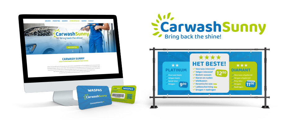 Ontwerp logo, huisstijl en website voor Carwash Sunny in Ede